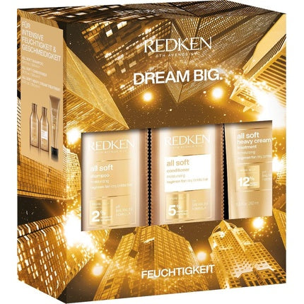 Set îngrijire păr, Redken All Soft, șampon 300ml, balsam 300ml, cremă intensivă 250ml, auriu
