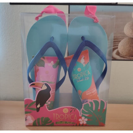 Set Îngrijire Corporală Markenlos, Tropica, gel duș și loțiune corp cu papuci de baie, albastru, mărime 37-39