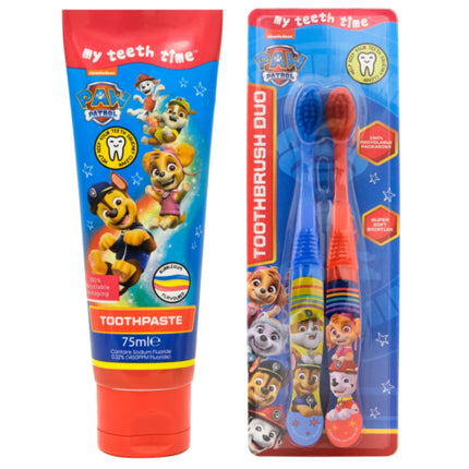 Set periute de dinti, Paw Patrol, albastru si rosu, pasta gust guma de mestecat