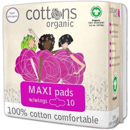 Absorbante Maxi cu Aripioare, Cottons, 100% Bumbac Organic, 10 Buc