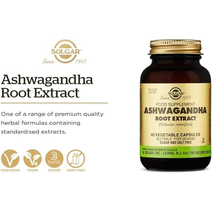 Extract de rădăcină Ashwagandha Solgar, supliment adaptogen, vegan, 60 capsule