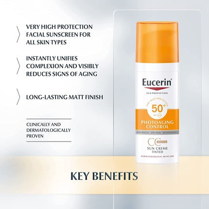 Cremă solară față, Eucerin, Photoaging Control CC, SPF50+, nuanță medie