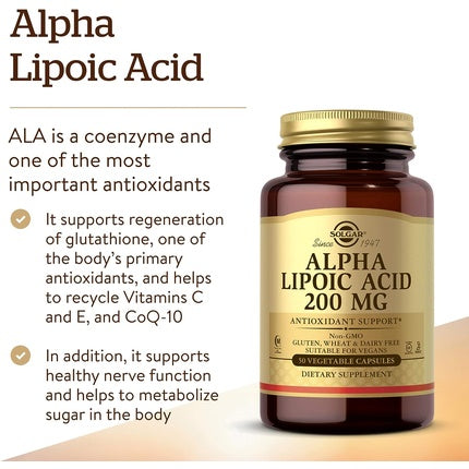 Capsule vegetale, Solgar, Acid Alfa Lipoic 200mg, 50 bucati