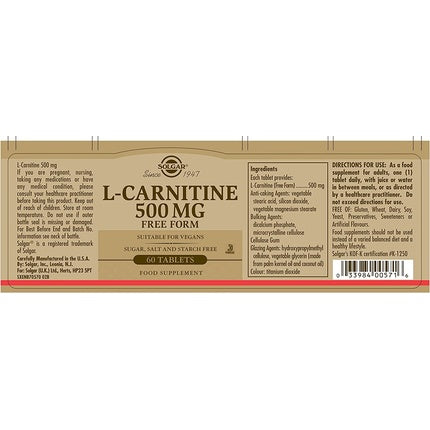Tablete L-Carnitine, Solgar, 500mg, 60 bucăți, vegan
