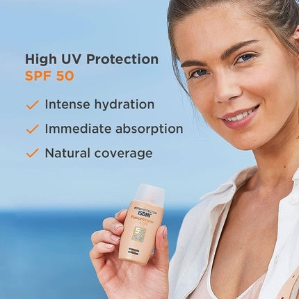 Cremă de față cu protecție solară, ISDIN, Fusion Water Color SPF 50, 50ml