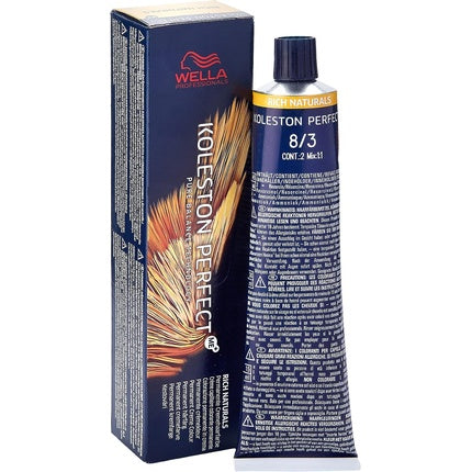 Vopsea de par permanenta, Wella, Koleston Perfect Me+ Rich Naturals 8/3 Blond Deschis Auriu
