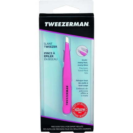 Pensetă sprâncene Tweezerman, vârf oblic, oțel inoxidabil, roz
