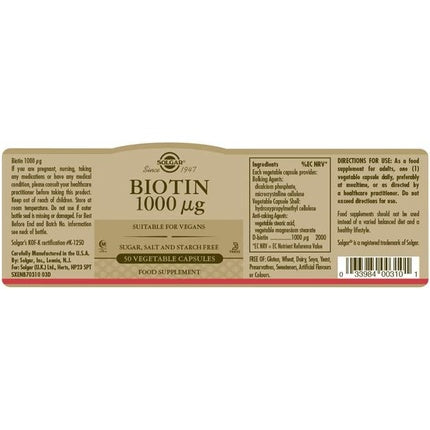 Capsule Biotină, Solgar, 1000 mcg, 50 buc