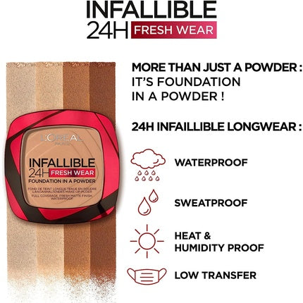 Fond de ten pudrat L'Oréal Paris Infallible Fresh Wear, culoare Ebony (390), acoperire completă