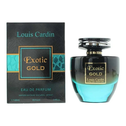 Perfumă Louis Cardin Exotic Gold, EDP, 100 ml, sticlă cu gradient albastru-verzui și capac argintiu