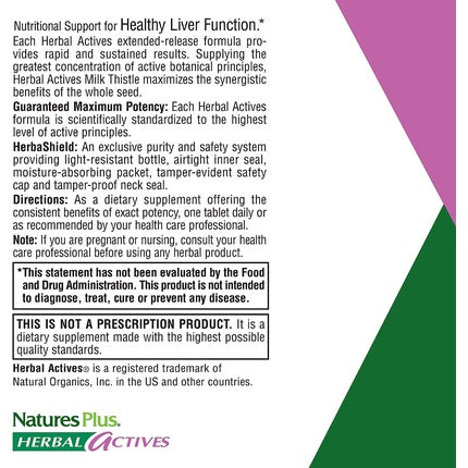 Supliment alimentar, Nature's Plus, Herbal Actives Milk Thistle, Extended Release, 80% Silymarin, 30 Tablete Vegetariene
