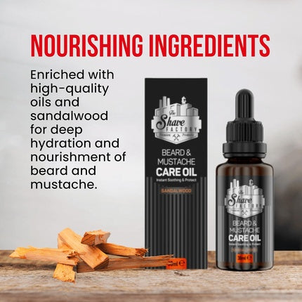 Ulei de Îngrijire pentru Barbă și Mustață, The Shave Factory, Sandalwood, 90 ml, Ambalaj Sticlă Maro