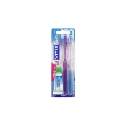 Vitis Duplo Medium Brush Anticaries, set 2 perii + pastă de dinți anticarie