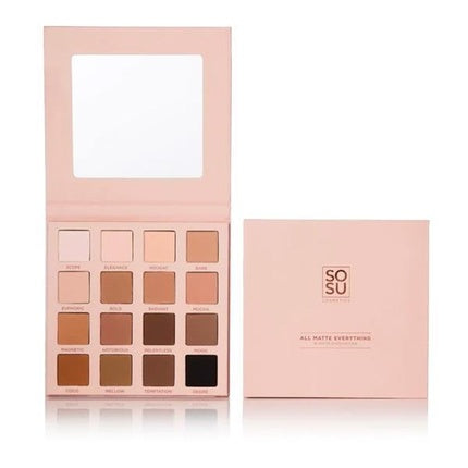 Paletă Farduri Ochi Matte, Sosu Cosmetics, All Matte Everything, cutie roz, oglindă, 18 culori