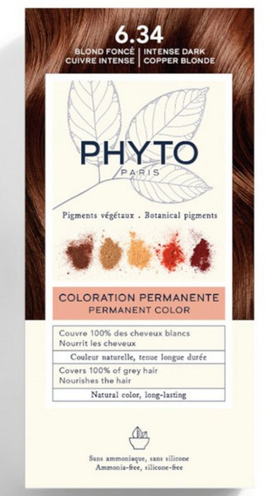 Vopsea permanentă de păr Phyto Color Kit Coloration, nuanța 6.34 Intense Dark Copper Blonde, fără amoniac și silicon, 1 buc