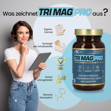 AxeMed Tri Mag Pro, Complex Magnesiu Citrat Malat Diglicinat cu Vitamina B1, 165 g, Sticlă Maro