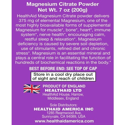 Mineral, HealthAid, pulbere de citrat de magneziu, 200g
