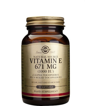 Supliment alimentar Solgar Vitamin E 671mg (1000 IU), 50 softgeluri, ambalaj sticlă maro cu capac auriu