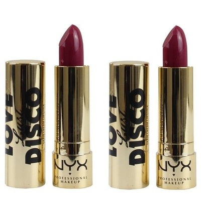 Ruj NYX Love Lust Disco Satin Sparkle Lipstick Foxy Mama, culoare roșu-violet, ambalaj auriu
