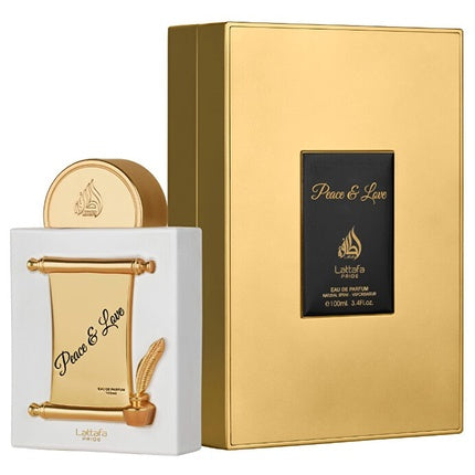 Parfum Lattafa Peace Love, flacon alb cu elemente aurii, capac rotund aur