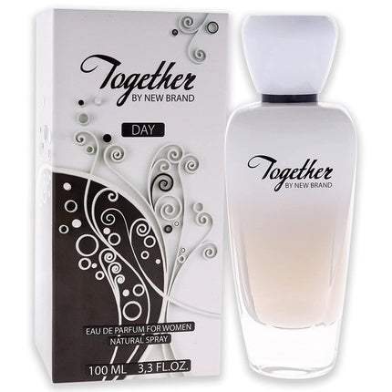 New Brand Together Day, parfum femei EDP spray, sticlă albă translucidă, capac albastru închis