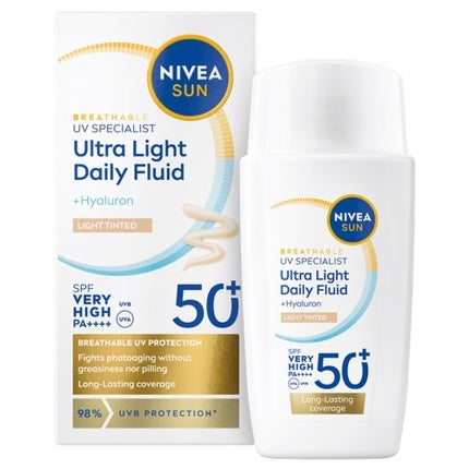 Crema de zi cu ton Nivea Sun Ultra Light Daily Fluid SPF 50+, Hialuron, 40 ml