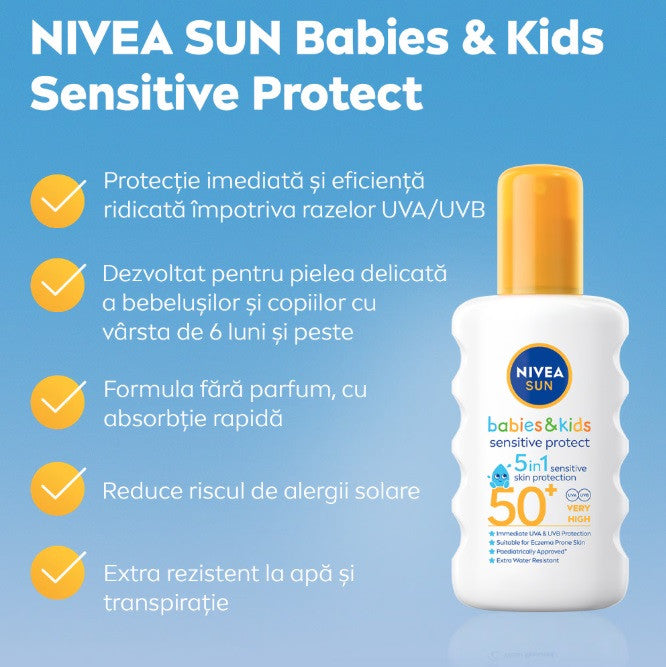 Nivea Sun Babies & Kids Sensitive Protect 5in1 - spray cu protectie solara, SPF 50+ - 200 ml