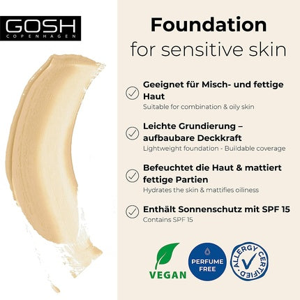 Fond de ten cu SPF, GOSH, Modelul 006Y, Culoare Ivory, Textură matifiantă, Tip de piele: umiditate medie