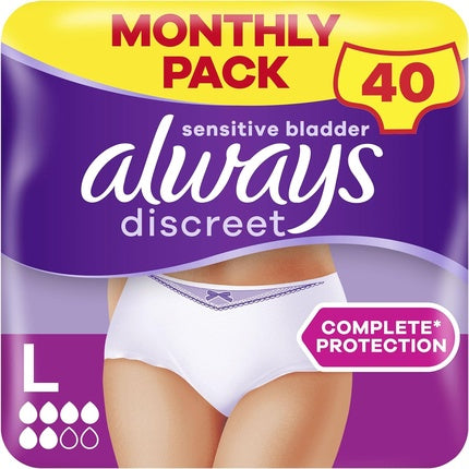 Pantaloncini absorbanti Always Discreet, Mărime L, Alb, 40 bucăți