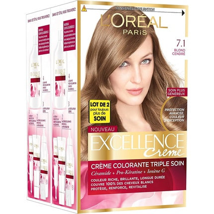 Crema colorantă pentru păr, L'Oréal Paris, Excellence Creme 7.1 Blond Cenș, ambalaj dublu