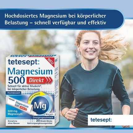 Tetesept Magnesium 500 Direct, Supliment alimentar cu magneziu în pudră, 20 plicuri