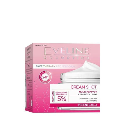 Crema regenerantă Eveline Cosmetics Cream Shot, 5% concentrat de reparare, multi-peptizi și ceramide, ambalaj roz