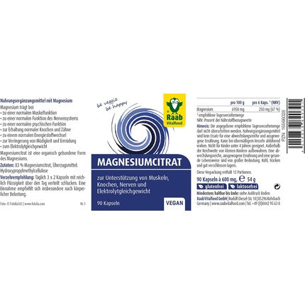 Căpsule de Magnesiu Citrat, Raab Vitalfood, pentru Atleți, 90 Capsule, 250mg