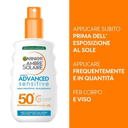 Spray protectie solara, Garnier, Ambre Solaire Advanced Sensitive, alb, SPF 50+, 200ml