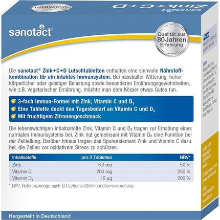 Sanotact Zinc+C+D, Tablete de înghițit, Zinc, Vitamina C și D, 20 buc