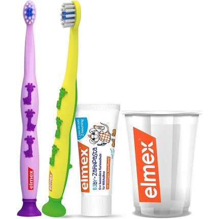 Set Îngrijire Dinti Copii Elmex Baby Dental Care Starter Kit, 2 Perii de Dinti, Pasta de Dinti, Pahar
