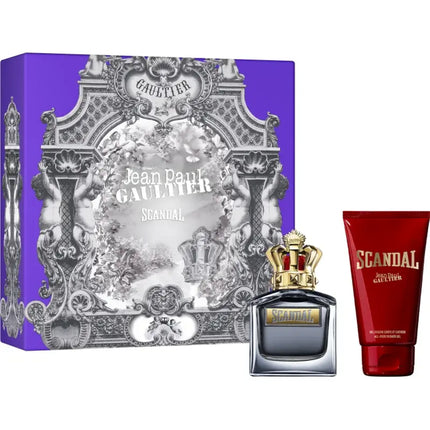 Set Cadou Jean Paul Gaultier Scandal Pour Homme, Eau de Parfum 50ml & Gel de Duș 75ml, Cutie Violetă cu Argintiu