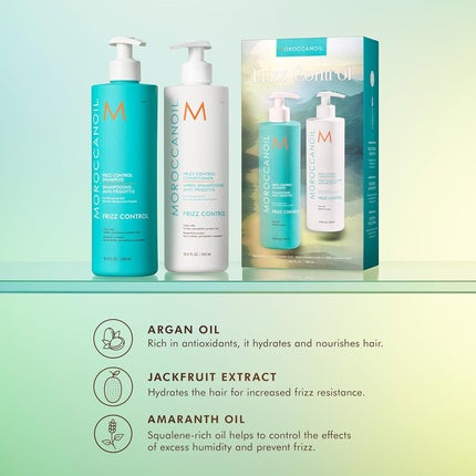 Set Shampoo și Conditioner Frizz Control, Moroccanoil, 250ml/338ml, Ambalaj Verde-Alb