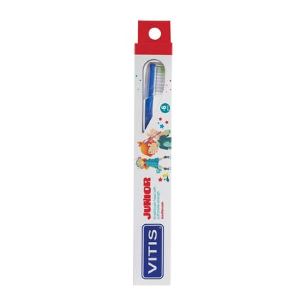 Periuță de dinți pentru copii, Vitis Junior, design cu figuri animate (albastru, roșu)