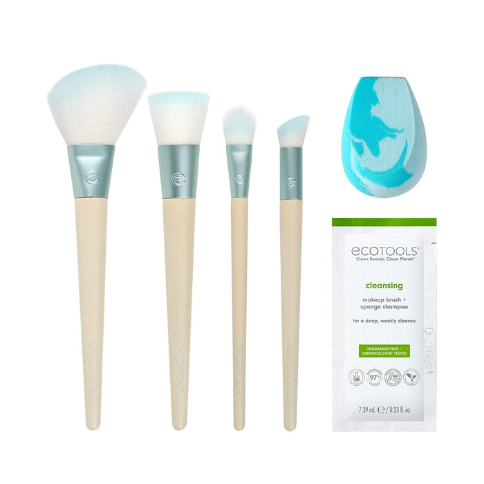 Set de pensule de machiaj EcoTools Brighter Tomorrow, 4 pensule + burete + loțiune de curățare 7,39 ml, 6 piese