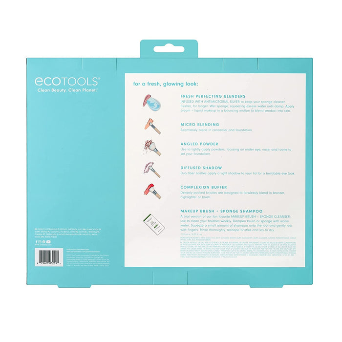 Set de pensule de machiaj EcoTools Brighter Tomorrow, 4 pensule + burete + loțiune de curățare 7,39 ml, 6 piese