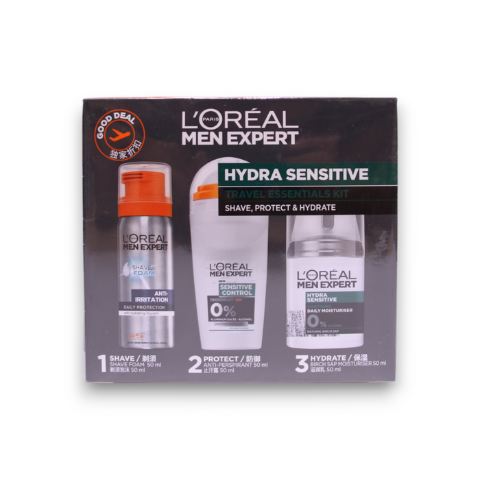 Set de îngrijire L'Oreal Paris Men Expert Hydra Sensitive, pentru bărbați: spumă de ras 50 ml + antiperspirant 50 ml + cremă de față 50 ml