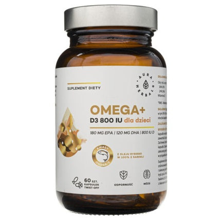 Supliment Dietetic Aura Herbals Omega + D3 800 IU pentru copii, 60 capsule