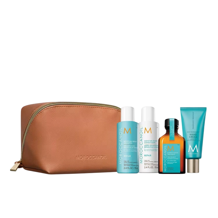 Set Moroccanoil Repair + Hydration, șampon 70 ml + balsam 70 ml + tratament cu ulei 25 ml + cremă de mâini