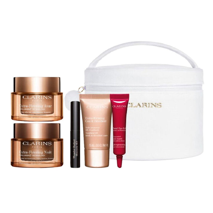 Set Clarins Extra-Firming, miniatură: cremă de zi 50 ml + cremă de noapte 50 ml + cremă pentru gât 15 ml + ser de ochi 7 ml + mascara