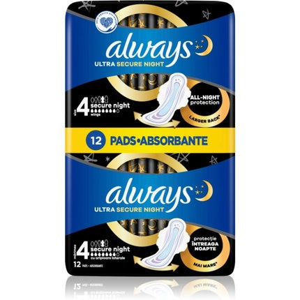 Fonduri absorbante, Always, Ultra Secure Night, 12 bucăți, albastru