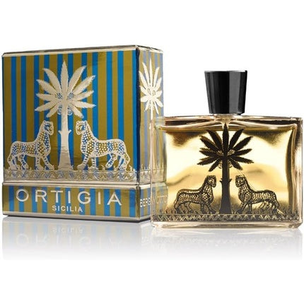 Ortigia Bergamotto Eau de Parfum, 100ml, Sticlă transparentă cu design palme și lei aurii, Capac negru