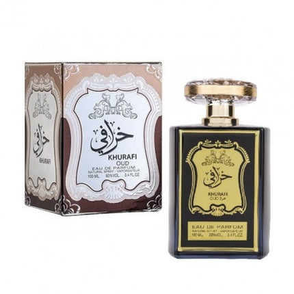Eau de Parfum Al Raheeb Khurafi Oud, sticlă neagră și aurie, capac decorativ