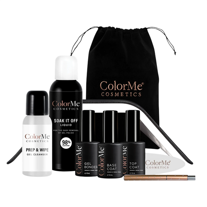 Set ojă semipermanentă ColorMe Cosmetics ColorMe, Gel Bonder 10 ml + Base Coat 10 ml + Top Coat 10 ml + Prep & Wipe 50 ml + Soak It Off