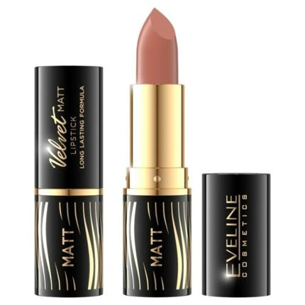 Ruj Velvet Matt Eveline Cosmetics Nr. 515, culoare nude, ambalaj negru cu auriu